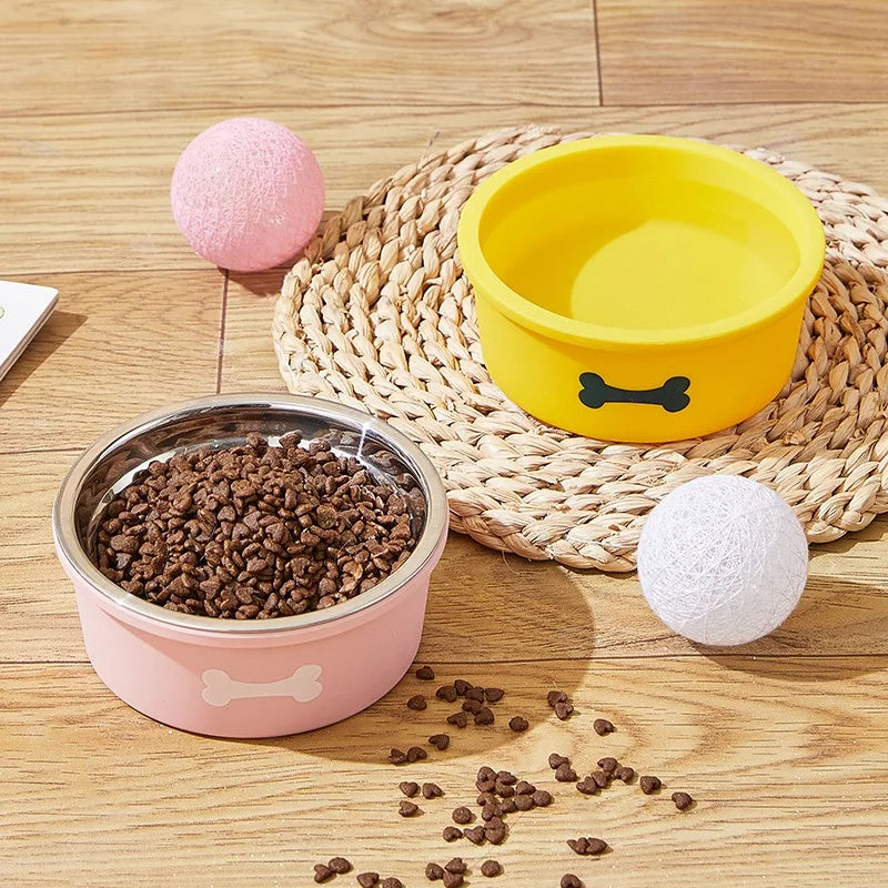 Cute Bone Silicone Non-slip Bowl Small Dog Cat Feed Water Feed Stainless Steel Bowl Creative Detachable Pet Feeding Supplies