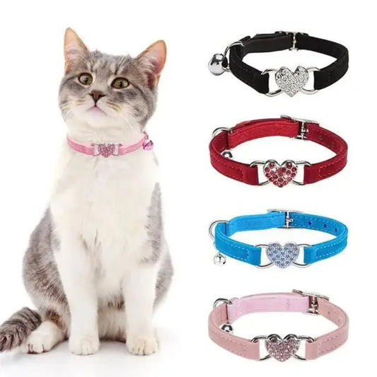 Heart Charm and Bell Cat Collar Safety Elastic Adjustable with Soft Velvet Material 8 Colors Pet Product Small Dog Collar