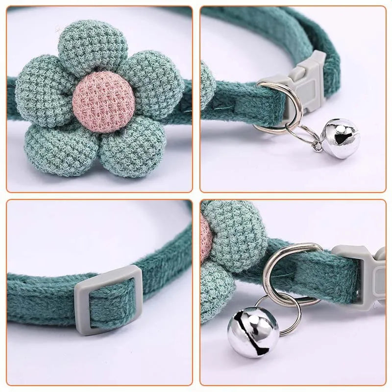 Cute Knitting Flower Bell Collar Adjustable Cat Necklace Pet Collar Traction Safety Buckle Necklace Small Dog Dog Supplies