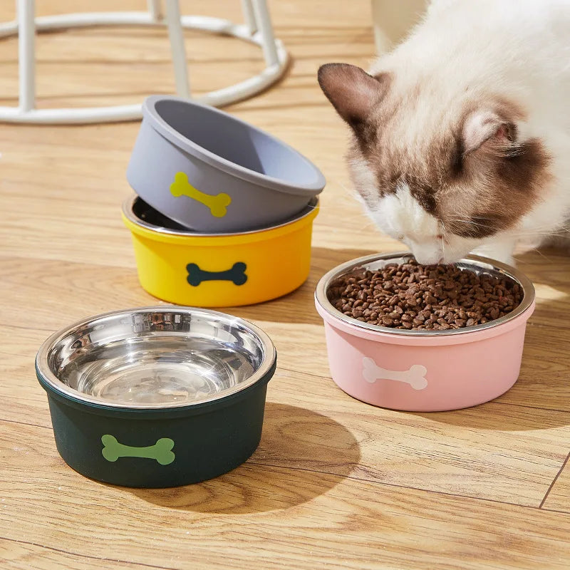 Cute Bone Silicone Non-slip Bowl Small Dog Cat Feed Water Feed Stainless Steel Bowl Creative Detachable Pet Feeding Supplies