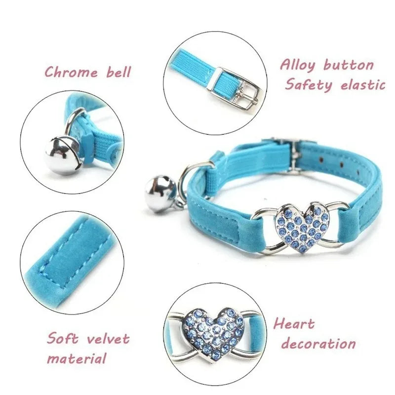 Heart Charm and Bell Cat Collar Safety Elastic Adjustable with Soft Velvet Material 8 Colors Pet Product Small Dog Collar