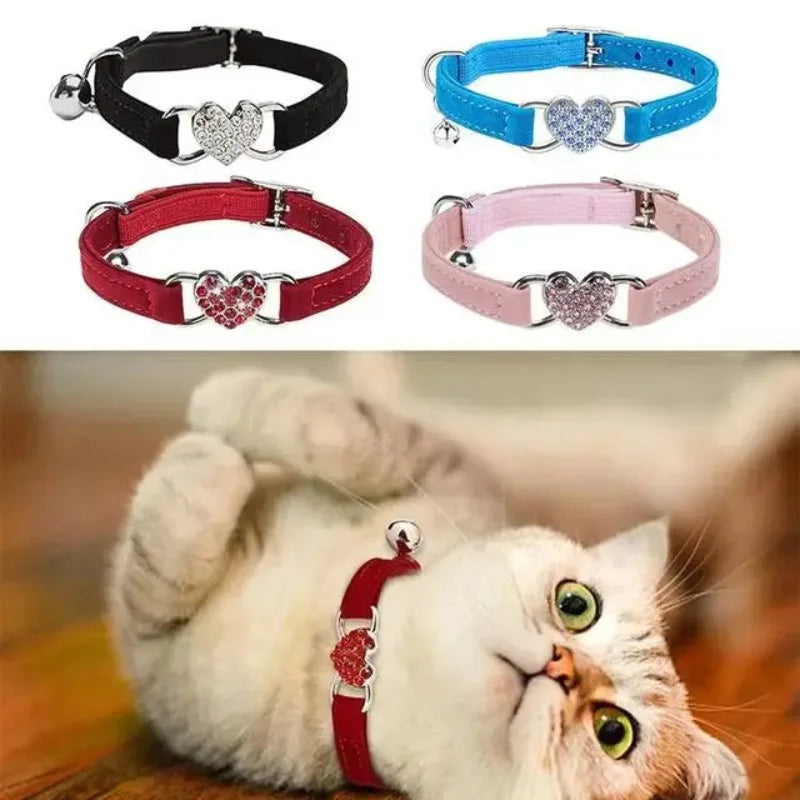 Heart Charm and Bell Cat Collar Safety Elastic Adjustable with Soft Velvet Material 8 Colors Pet Product Small Dog Collar