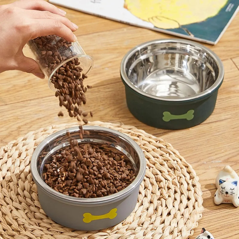 Cute Bone Silicone Non-slip Bowl Small Dog Cat Feed Water Feed Stainless Steel Bowl Creative Detachable Pet Feeding Supplies