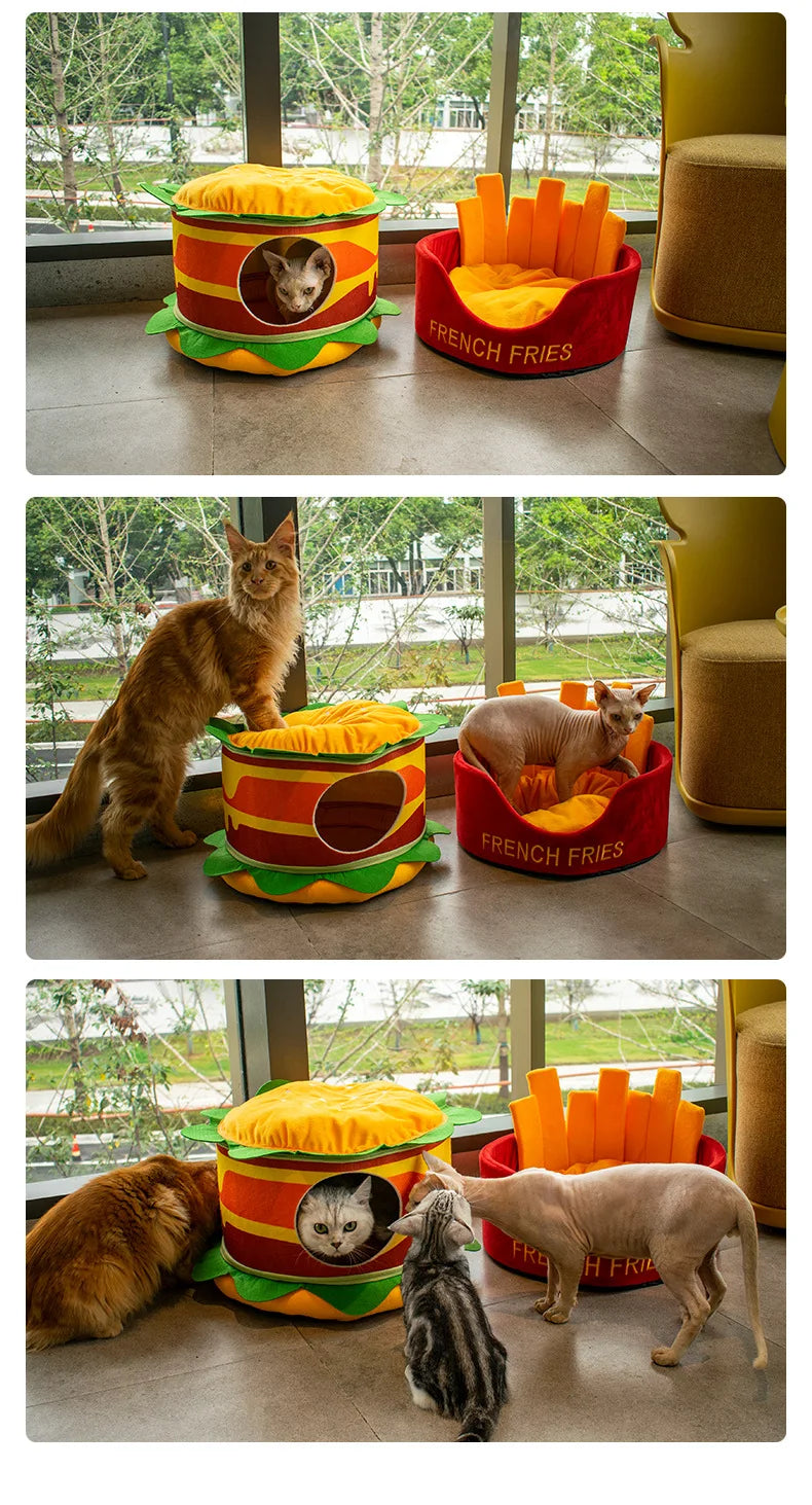 Cat Bed Warm Pet Basket Kitten Lounger Cushion Cat House Tent Very Soft Small Dog Mat Bag For Washable Cave Hamburger Cats Beds