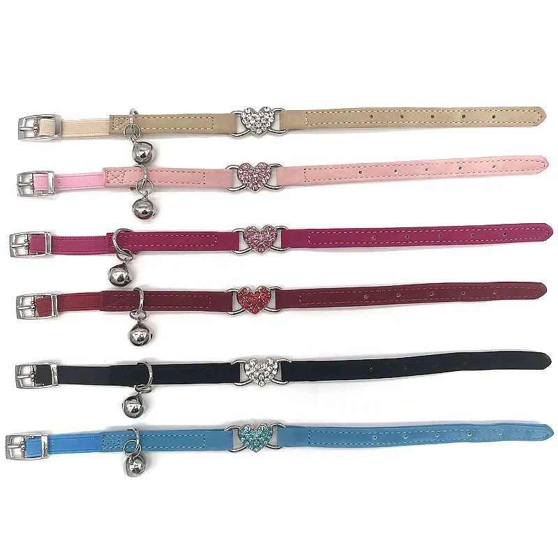 Heart Charm and Bell Cat Collar Safety Elastic Adjustable with Soft Velvet Material 8 Colors Pet Product Small Dog Collar