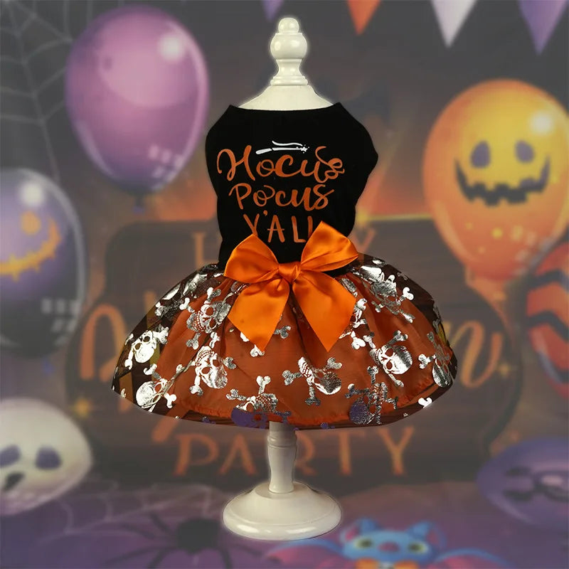 Halloween Dog Pumpkin Clothes dress Funny Pet Dress  Print Bow Mesh Dress Pet Party Clothing Cat Dog Chihuahua Yorkie Costume