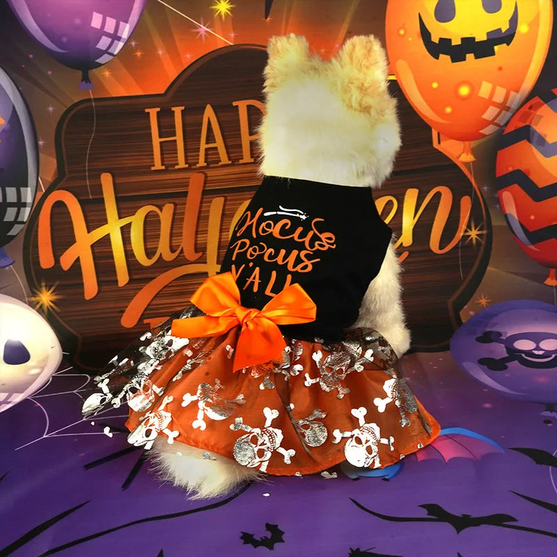 Halloween Dog Pumpkin Clothes dress Funny Pet Dress  Print Bow Mesh Dress Pet Party Clothing Cat Dog Chihuahua Yorkie Costume