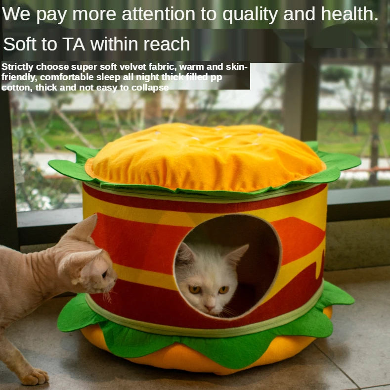 Cat Bed Warm Pet Basket Kitten Lounger Cushion Cat House Tent Very Soft Small Dog Mat Bag For Washable Cave Hamburger Cats Beds