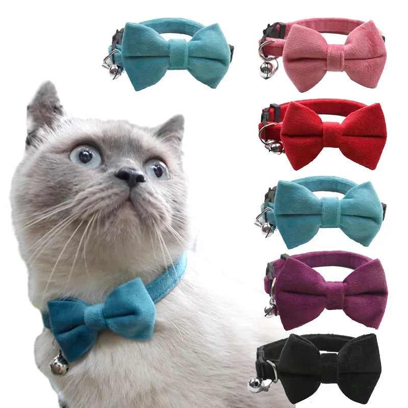 Velvet Cat Collar Solid Color Bowknot Puppy Chihuahua Collars with Bell Adjustable Safety Buckle Cats Bow Tie Pets Accessories