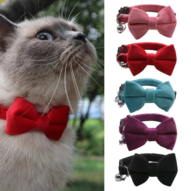 Velvet Cat Collar Solid Color Bowknot Puppy Chihuahua Collars with Bell Adjustable Safety Buckle Cats Bow Tie Pets Accessories